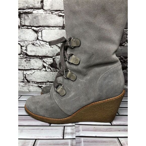Cole Haan Waterproof Gray Suede Shearling Wedge Comfort Winter Boots Women Sz 9B - Picture 1 of 16